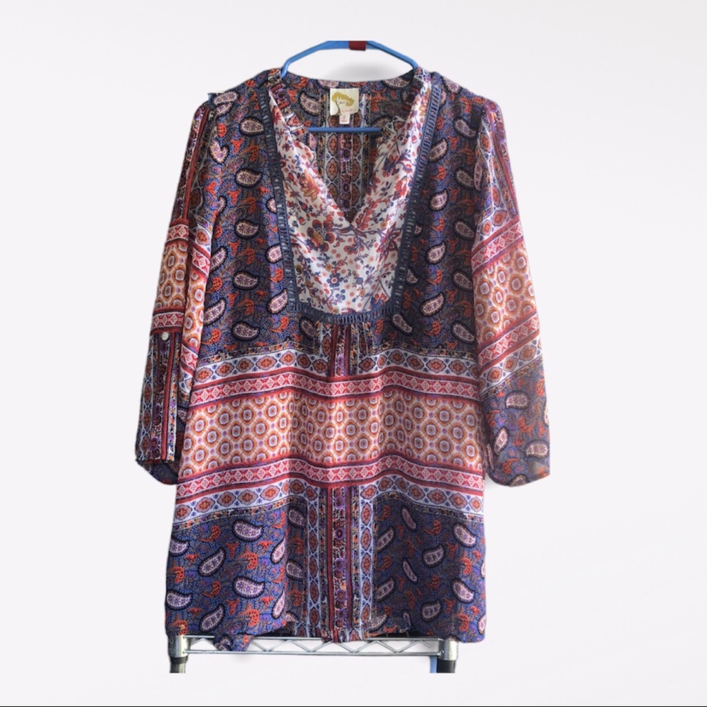 Anthropolog Fig‎ and flower multicolor Women’s  semi Sheer tunic Sz L